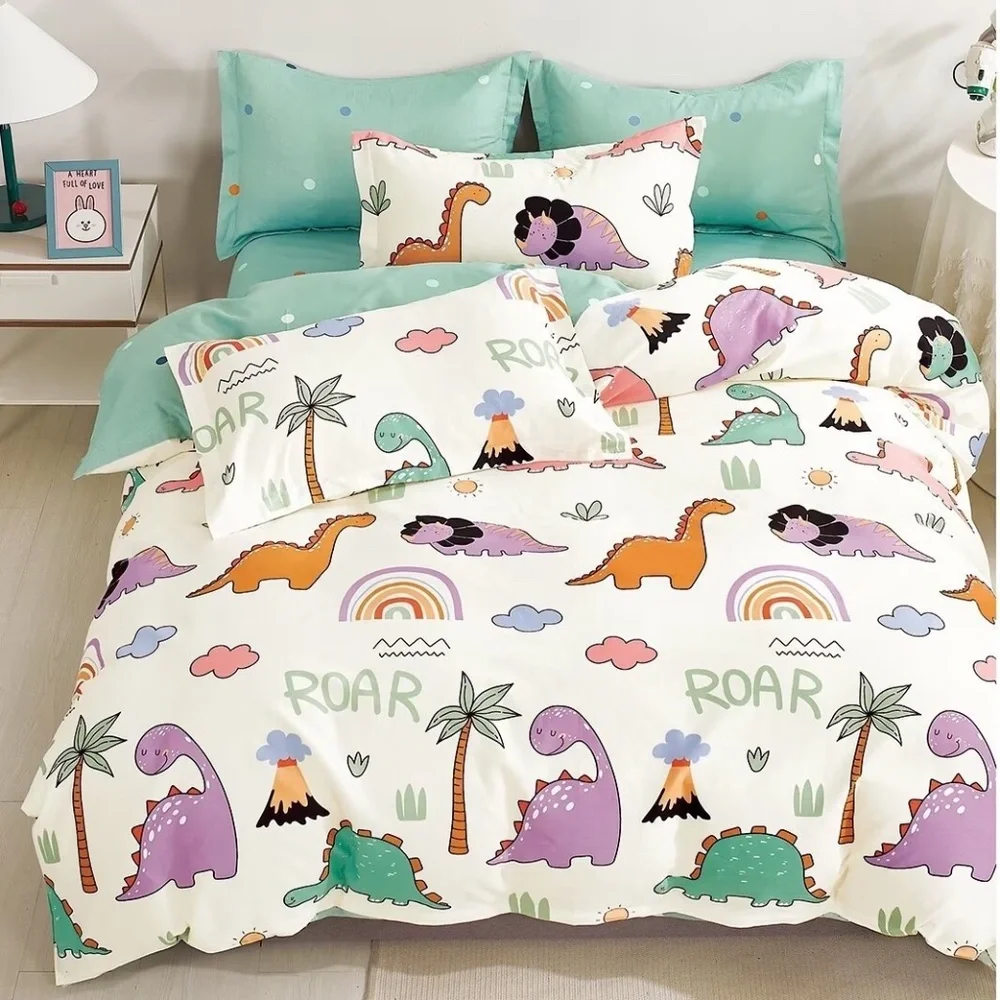 100% Cotton Fitted Sheet Set 3pcs Twin Dinosaur Flat Sheet  Pillowcase Soft